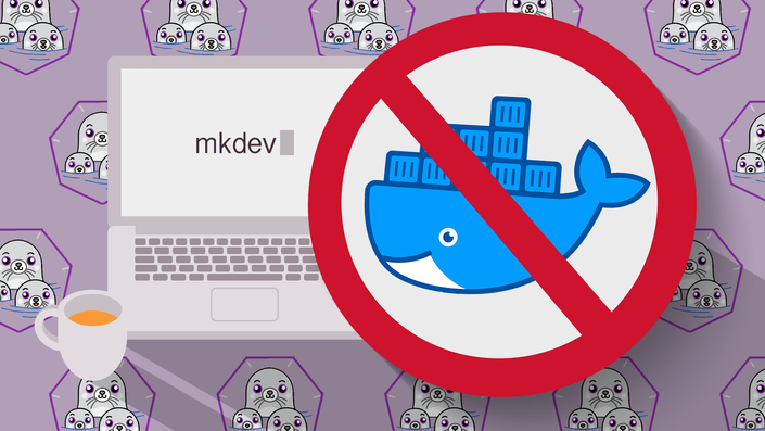 Illustration of a laptop with the text "mkdev" on its screen, a cup of coffee beside it, and a 'no' symbol overlapping a Docker whale logo, all against a backdrop with multiple icons of a cartoon penguin face.