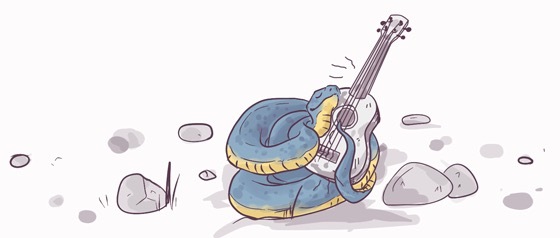 Illustration of a snake coiled around an acoustic guitar, set against a simple background with rocks and pebbles.