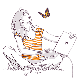Illustration of a relaxed woman sitting on the grass with a laptop, looking up at a butterfly, conveying a sense of tranquility and connection with nature.