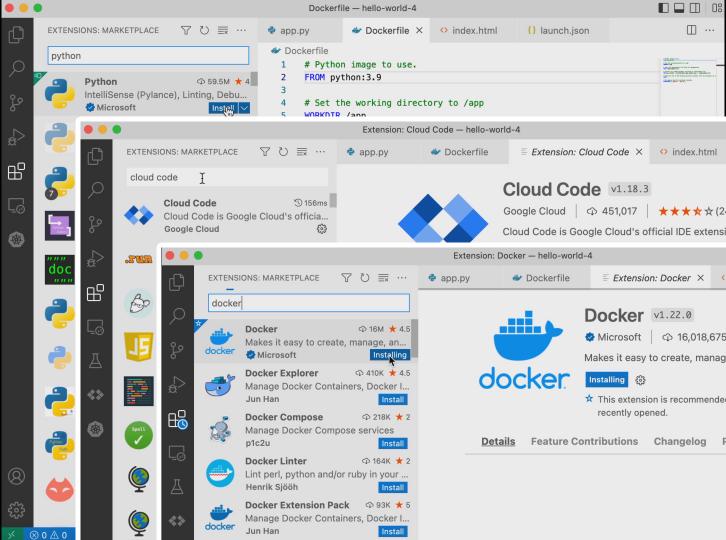 Screenshot of a computer desktop showing an open code editor with multiple tabs, including 'app.py' and 'Dockerfile', and a marketplace sidebar with Docker extensions being browsed.