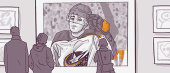 Illustration of people admiring a gallery wall featuring a prominent drawing of a hockey player in uniform with focused, determined expression. Other framed artwork is visible in the background.