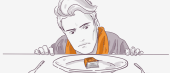 Illustration of a displeased man looking at a small piece of chocolate on a plate, with empty utensils on either side, portraying a concept of dissatisfaction with meal portion size.
