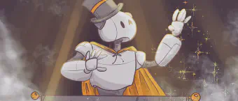 A cartoon robot in a top hat and orange cape strikes a dramatic pose on stage, surrounded by sparkling lights and smoke, evoking a magical or theatrical atmosphere.