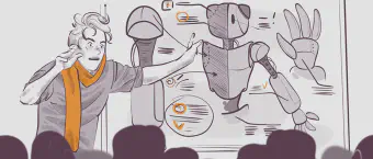 Illustration of a person with a scarf explaining a robot design on a board, gesturing towards diagrams of mechanical components such as a robot arm and hand. Silhouettes of an audience are visible at the bottom, suggesting a presentation or lecture setting.