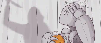 A cartoon robot taking a shower with a soapy sponge. There's a shadow silhouette on the shower curtain of a figure holding a knife, adding a humorous twist reminiscent of a movie scene.