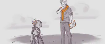 Illustration of a person with an orange scarf and clipboard standing thoughtfully, looking at a small robot. The setting appears outdoors with a simple background, emphasizing interaction.