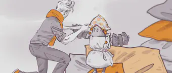 Illustration of a person in gray and orange attire interacting with a small robot wearing a polka-dot hat and apron, holding work tools. The background features abstract shapes in orange and gray tones.