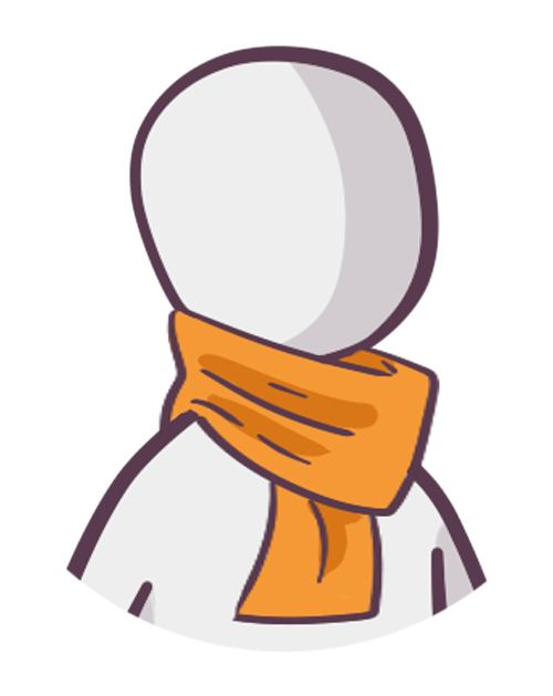 Minimalist illustration of a faceless person wearing an orange scarf, representing winter fashion or cold weather attire.