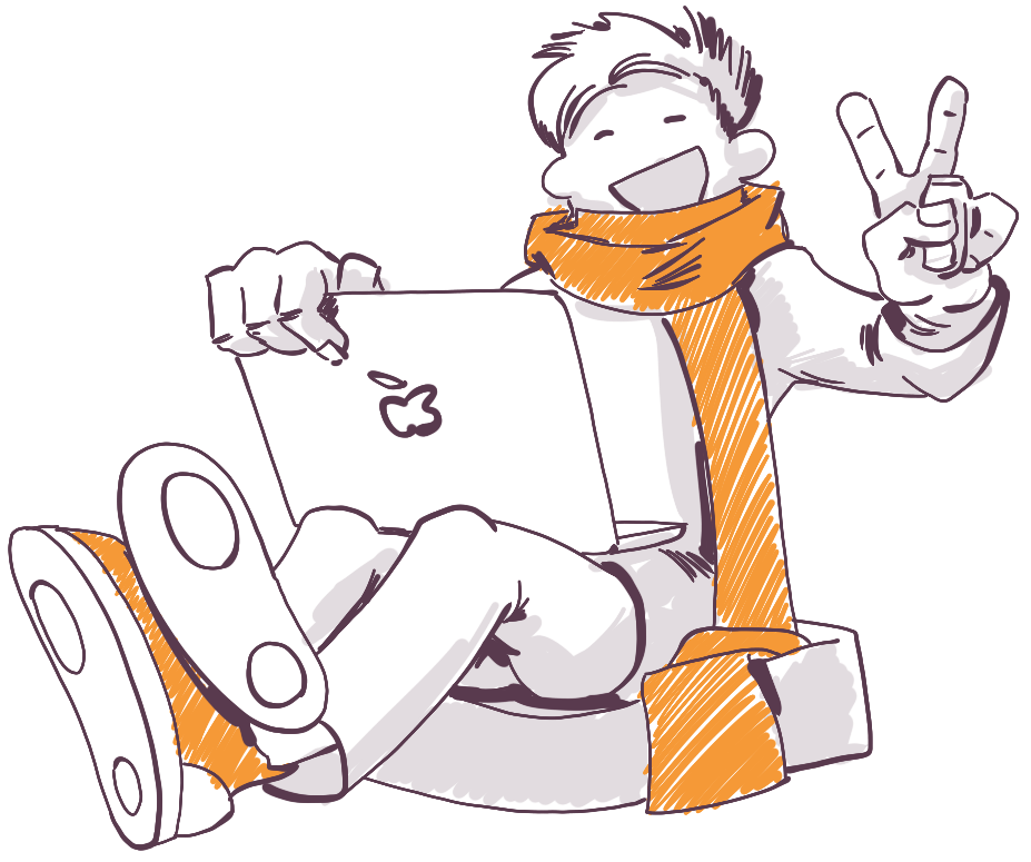 Cheerful cartoon character in orange scarf relaxing with MacBook laptop, showing peace sign while sitting comfortably, sketched in minimalist line art style