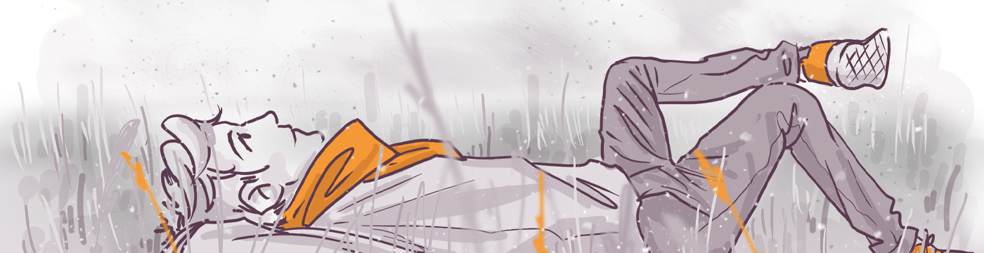 Illustration of a person lying relaxed in the grass, wearing a hoodie and sneakers, with a peaceful expression in a misty outdoor setting.