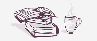 Illustration of stacked books with an open book on top and a steaming cup of coffee, symbolizing reading, studying, or relaxation.