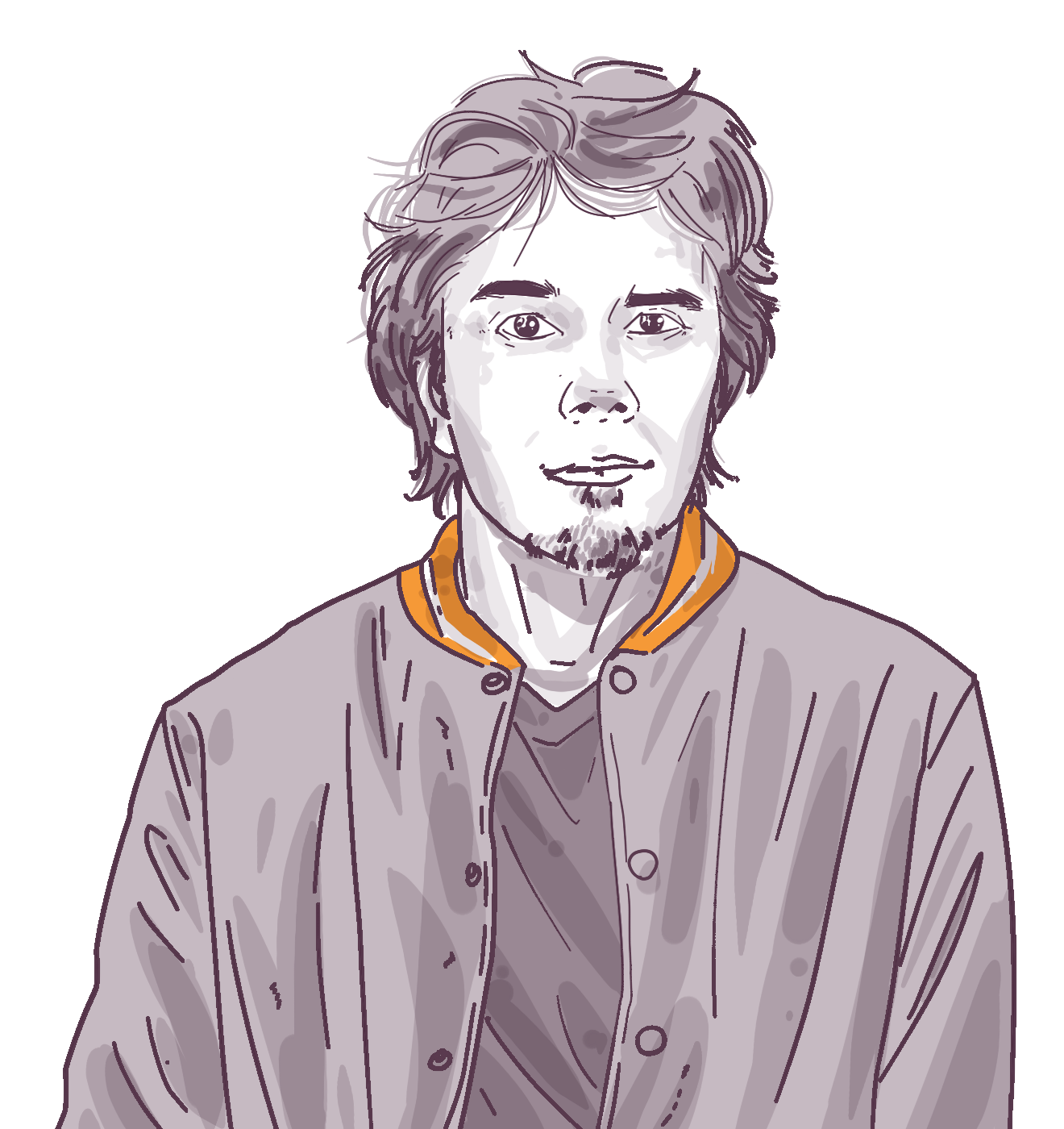 Illustration of a young man with tousled hair and light stubble wearing a casual jacket with orange trim. He appears contemplative against a dark background.