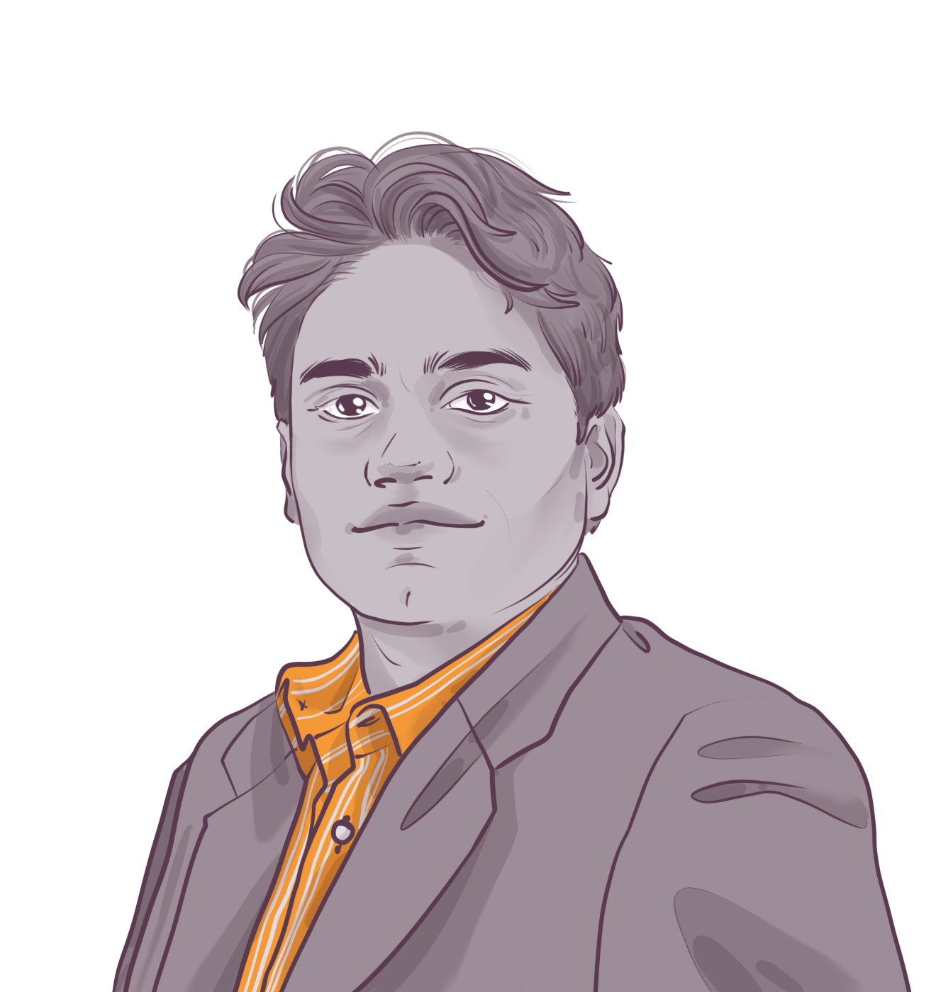 Digital illustration of a person with a neutral expression wearing a jacket and shirt, against a dark background.