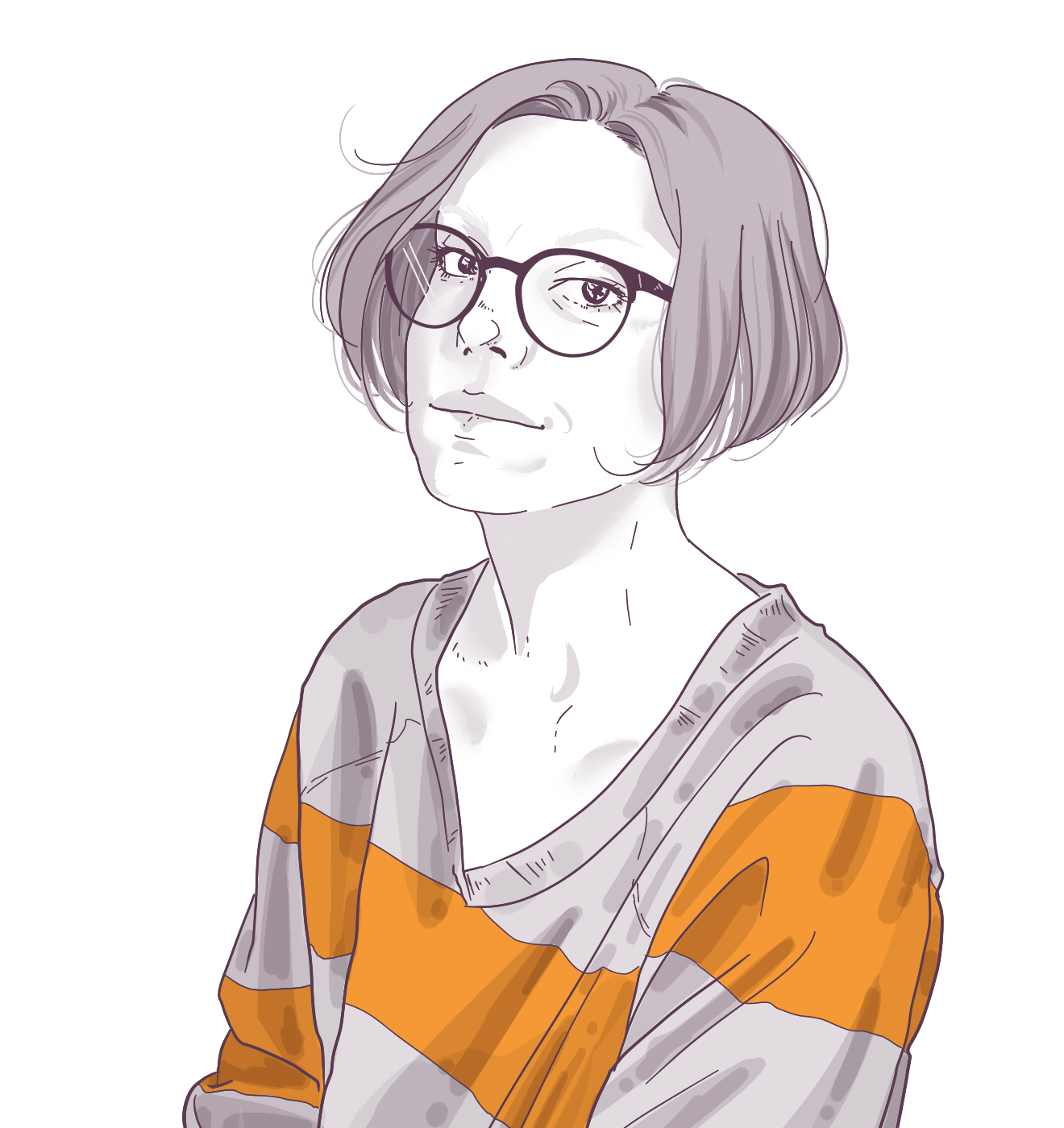 Illustration of a person with short hair and glasses wearing a striped shirt, with a contemplative expression, against a black background.