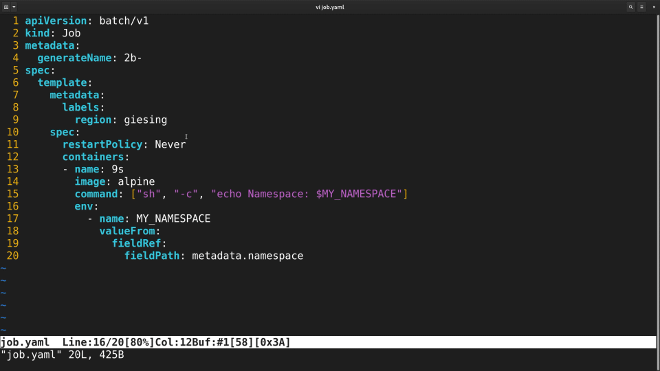A screenshot of a YAML configuration file for a Kubernetes Job resource being edited in a text editor with syntax highlighting.