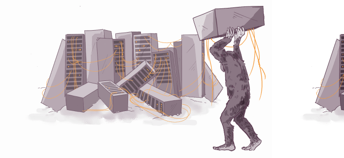 Illustration of a humanoid figure balancing a large geometric shape on its shoulders against a backdrop of tilted buildings connected by glowing lines.