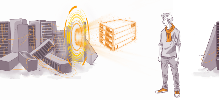 Illustration of a person standing next to a glowing portal, through which a futuristic building is seen, with another building appearing separately, surrounded by a disintegration effect.
