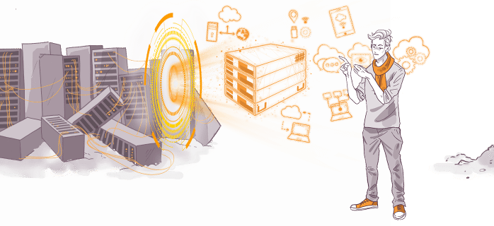 An illustrated banner depicting a transition from a traditional data center with servers to modern cloud computing, featuring a man interacting with abstract cloud symbols and gears.