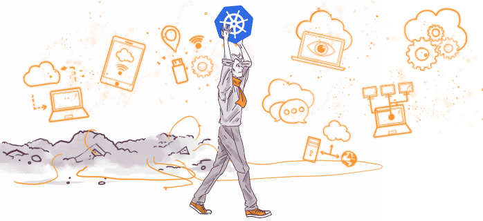 Illustration of a person lifting a Kubernetes logo, surrounded by technology and cloud computing icons like gears, clouds, devices, and arrows, with splashes of orange and black.