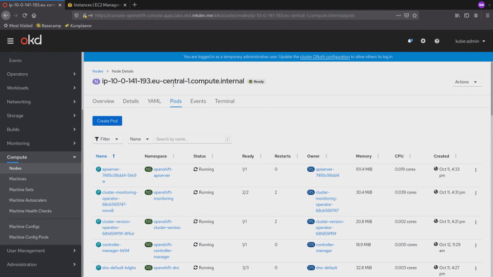 Screenshot of an OpenShift Container Platform interface showing the 'Pods' tab within 'Node Details', listing several running pods with details such as namespace, status, memory, and CPU usage.