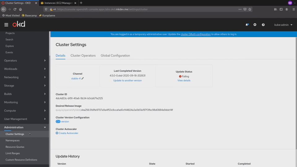 Screenshot of an OpenShift web-based administrative console showing cluster settings with details such as Channel, Cluster ID, Desired Release Image, and an update status indicating a failing update.