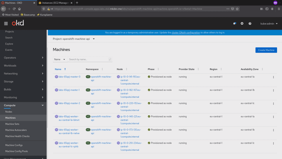 Screenshot of an OpenShift web console displaying a list of 'Machines' with their names, namespaces, nodes, phases, provider states, regions, and availability zones.