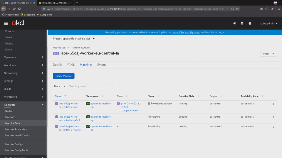 Screenshot of OpenShift Machine Set interface showing details and status of virtual machines, with one machine running and others provisioning.