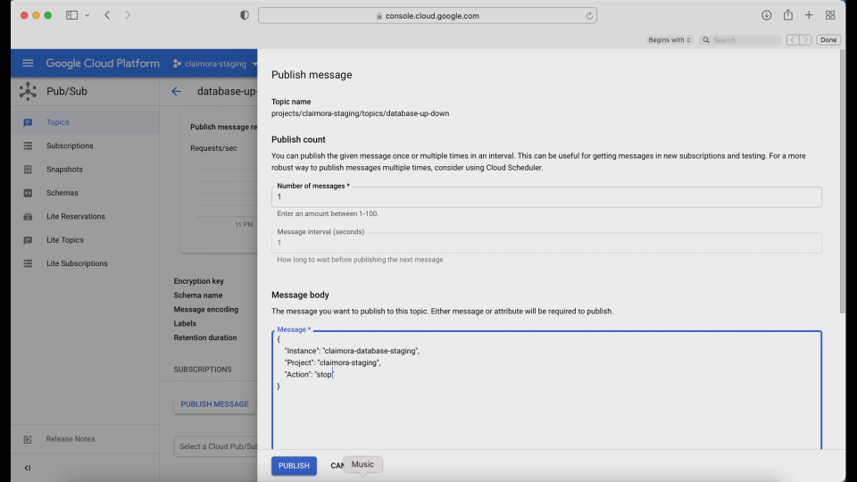 Screenshot of Google Cloud Platform's Pub/Sub section with a 'Publish message' window open, showing fields for Topic name, Publish count, and Message body.
