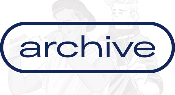 Alt: Faded illustration of two people in the background with the word "archive" in bold blue font inside an elongated oval overlay.