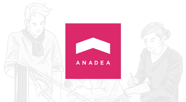 Illustration of two people in an office setting with a central branding logo "Anadea," one person drawing on a whiteboard and another taking notes.
