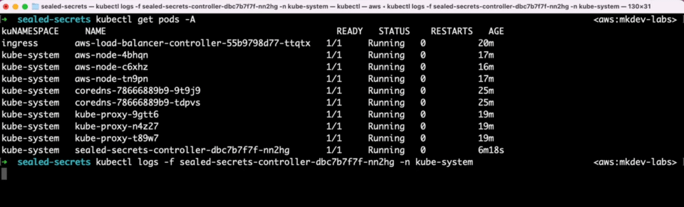 Screenshot of a terminal window showing Kubernetes commands and the output of 'kubectl get pods' with pods in the 'Running' status, along with a partial 'kubectl logs' command for a specific pod.