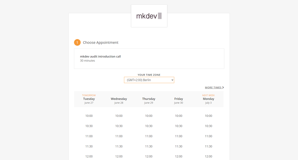 Screenshot of an online appointment scheduling interface with available time slots for a week and a drop-down menu for selecting a time zone (GMT+2:00 Berlin).