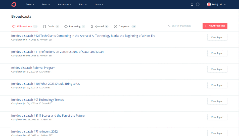 Screenshot of a user interface titled 'Broadcasts' with a list of completed digital dispatches, featuring topics related to technology and business, accompanied by 'View Report' buttons.