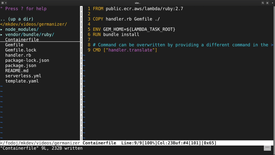 Screenshot of a computer screen with a split terminal showing a directory structure on the left and a Dockerfile being edited in Vim on the right.