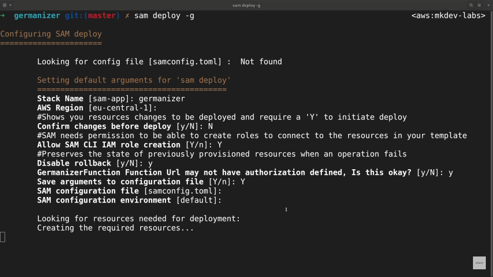 A screenshot of a computer terminal running the AWS SAM (Serverless Application Model) deployment command with configuration options and prompts displayed.
