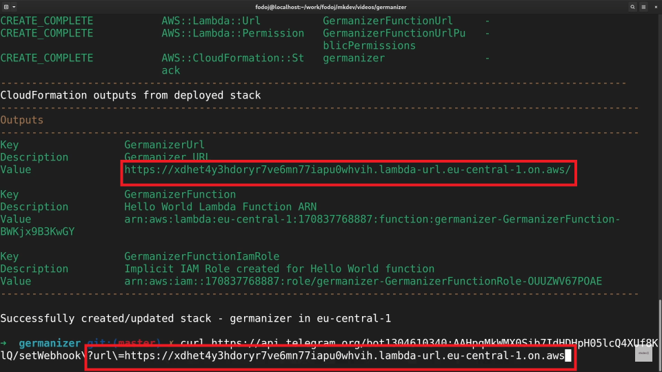 Screenshot of a computer terminal displaying AWS CloudFormation outputs, including a URL for a Lambda function. Highlight indicates command executed to utilize the URL.