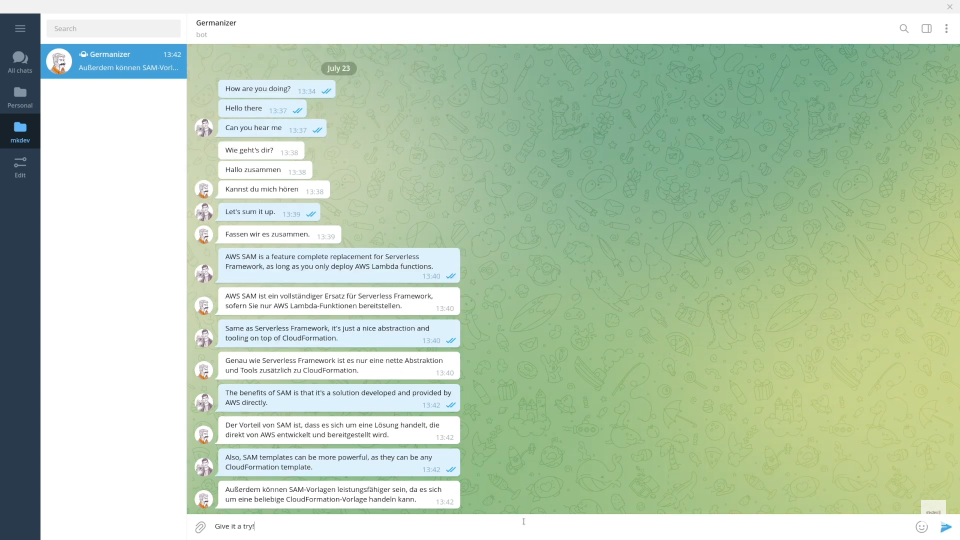A screenshot of a chat conversation in an instant messaging application, with messages exchanged in English and German, discussing AWS SAM as a Serverless Framework tool.