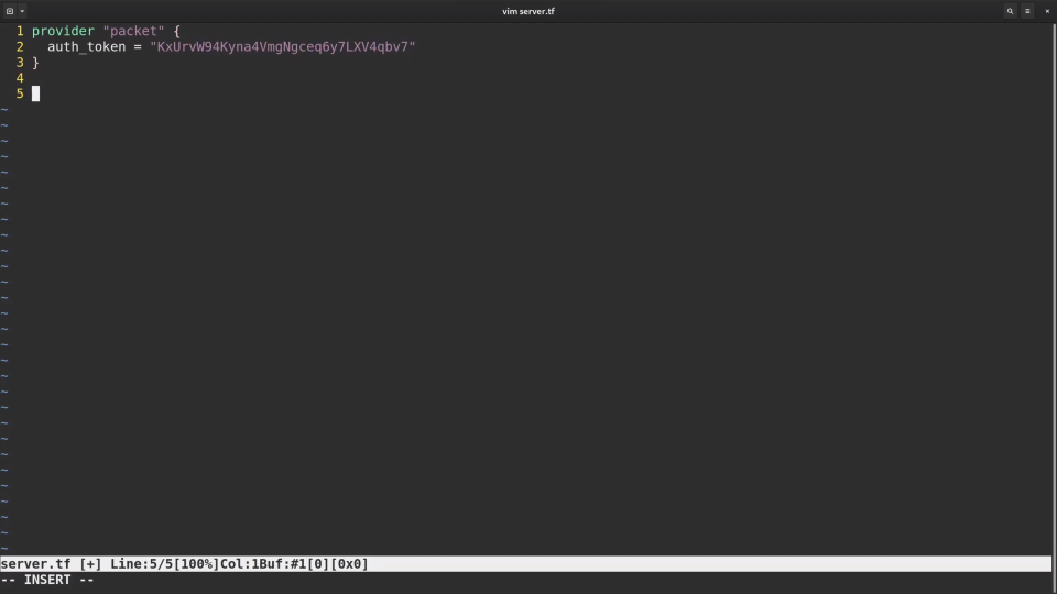 A screenshot of a computer screen showing a code editor with a few lines of code, specifically a configuration file named 'server.tf' that includes a provider name and an authentication token.