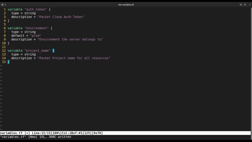 Screenshot of a computer screen displaying code in a text editor with a dark background, showing definitions of variables in a Terraform configuration file.