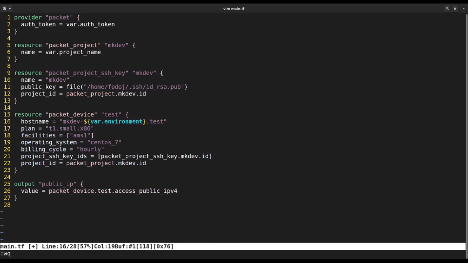 Screenshot of a computer screen displaying a coding interface with Terraform code, including configuration for a provider, project, ssh key, device, and output for a public IP address.