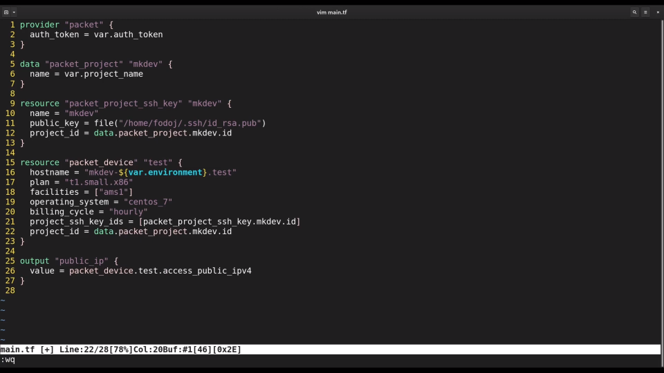 A screenshot of a computer screen displaying code written in Terraform, which is an infrastructure as code software tool, inside a Vim editor with some commands at the bottom.
