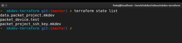 A computer terminal screenshot showing a command line interface with a 'terraform state list' command and its output, within a 'mkdev-terraform git:(master)' directory.