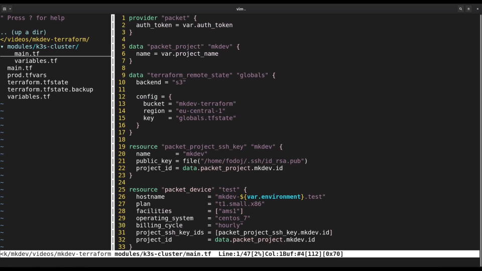 Screenshot of a computer screen with open code editor showing Terraform configuration files in a Vim interface, including provider, resource, and backend configurations.