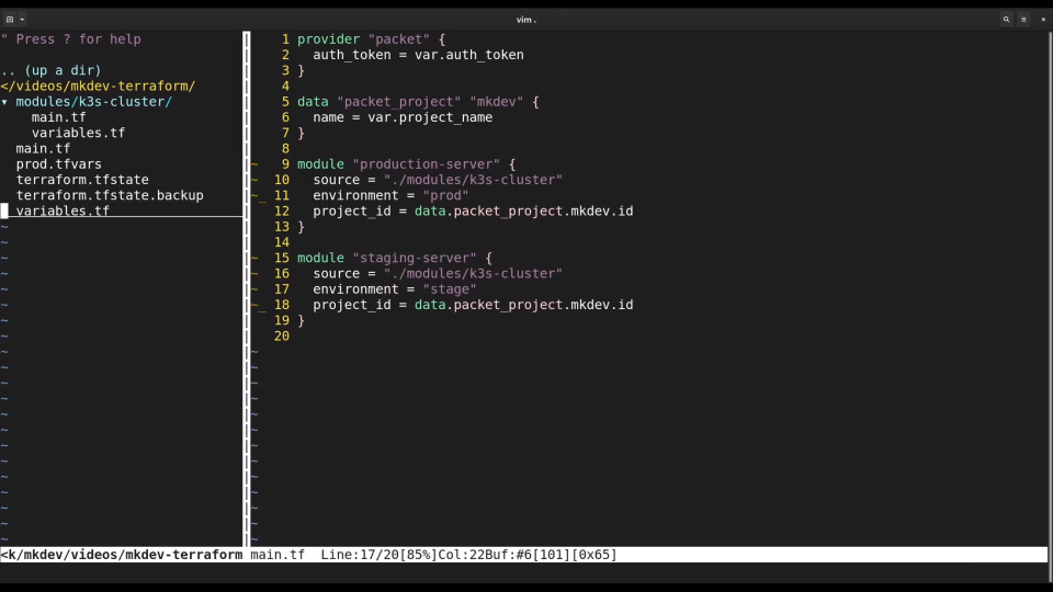 Screenshot of a computer screen displaying code in a text editor with a dark theme, showing a Terraform configuration file with syntax highlighting.