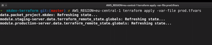 Terminal screen showing a command line interface with 'terraform apply' command in progress, indicating a refreshing state of remote data in a development environment.