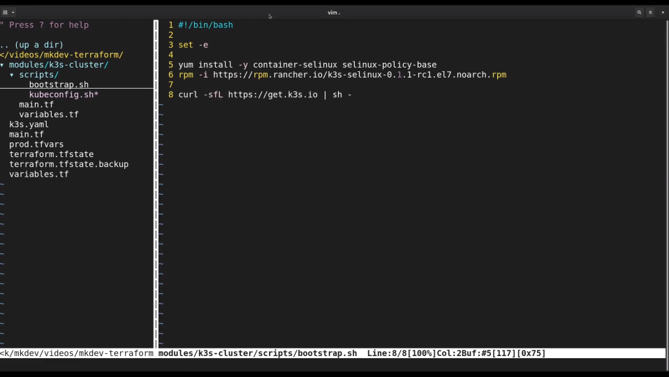 A terminal screen split into two panes; the left shows a file directory structure and the right displays a bash script with commands related to SELinux and installing k3s.