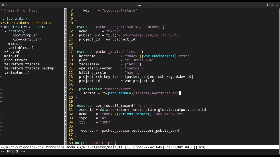 A screenshot of a computer screen displaying code in a text editor with syntax highlighting, specifically showing Terraform infrastructure configuration with resource definitions and variables.