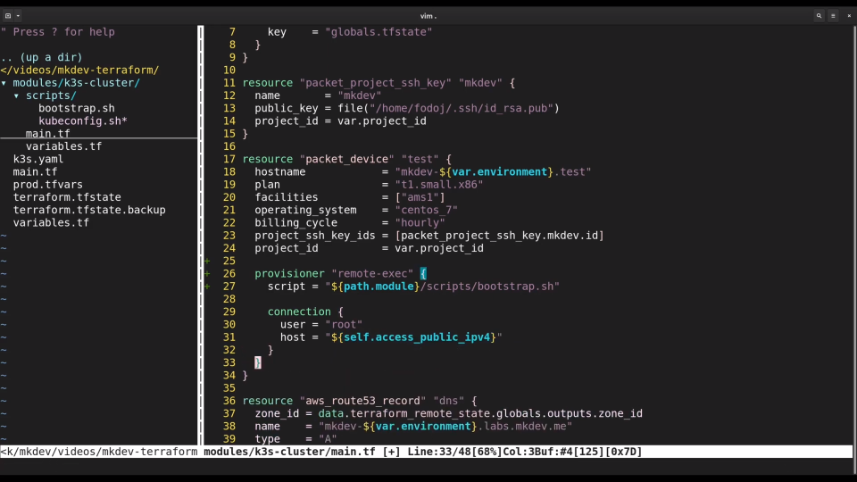 Screenshot of a computer screen displaying a code editor with Terraform configuration files open, highlighting aspects of infrastructure as code tasks.