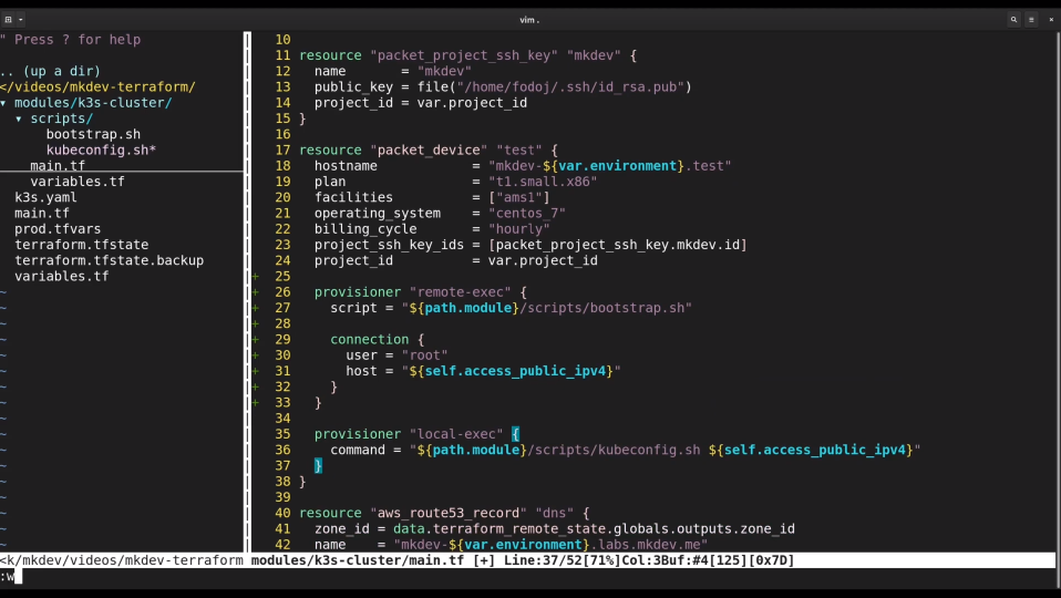 Screenshot of a computer screen displaying code in Vim editor, with visible Terraform configuration for provisioning cloud infrastructure.