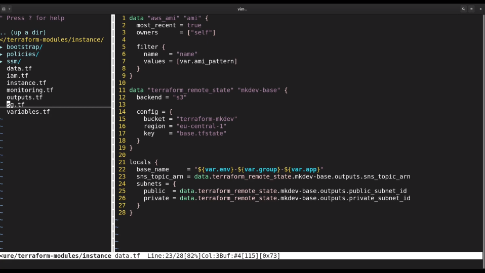 Screenshot of a computer screen with Terraform configuration code open in the Vim text editor, showing code related to AWS infrastructure setup.